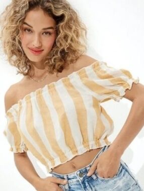 Boho Striped Off-Shoulder Peasant Crop Top Cotton Women's